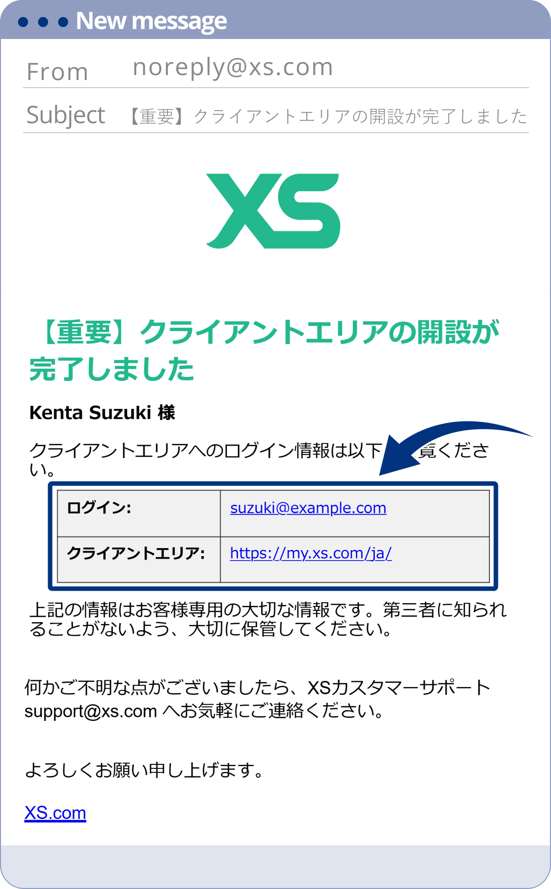 XS.comのクライアントエリア開設完了のメール