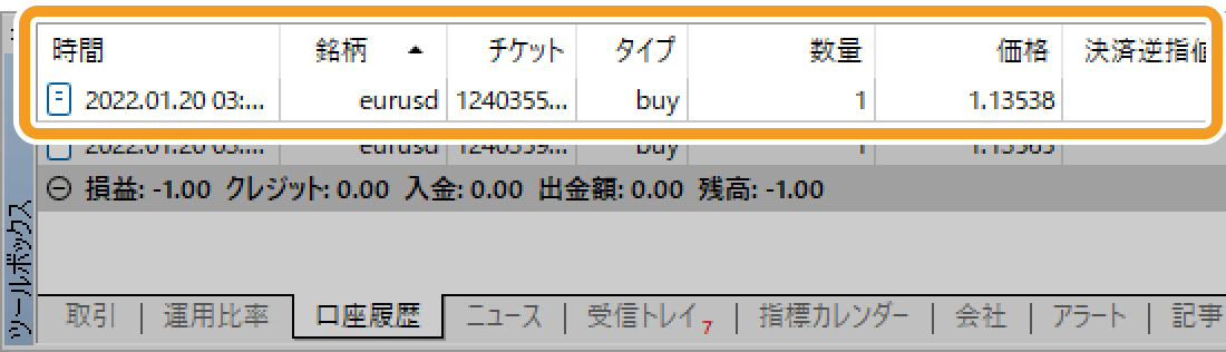 ツールボックスの「口座履歴」タブ内