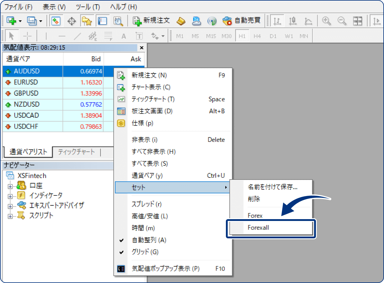 「セット」からFX通貨ペアをすべて表示する