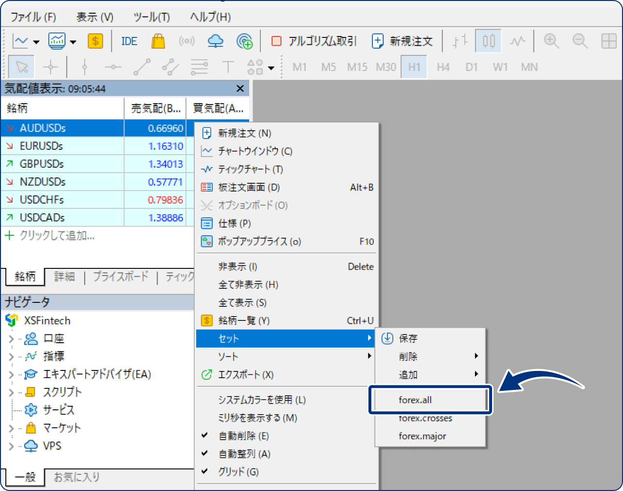 「セット」からFX通貨ペアをすべて表示する
