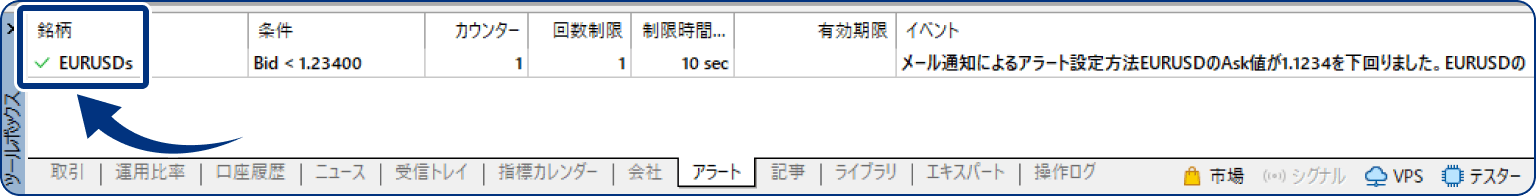 アラートが実行されるとチェックマークが表示されます。