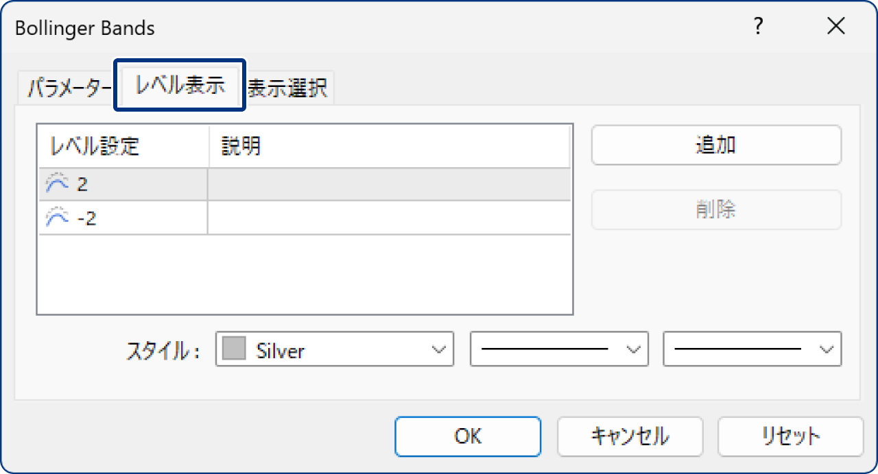 「レベル表示」タブの設定
