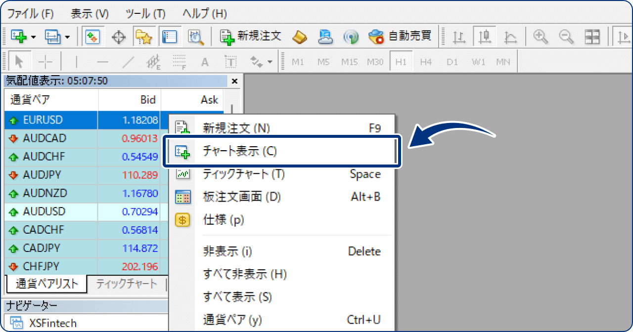 または、銘柄上で右クリックし「チャート表示」をクリックします。