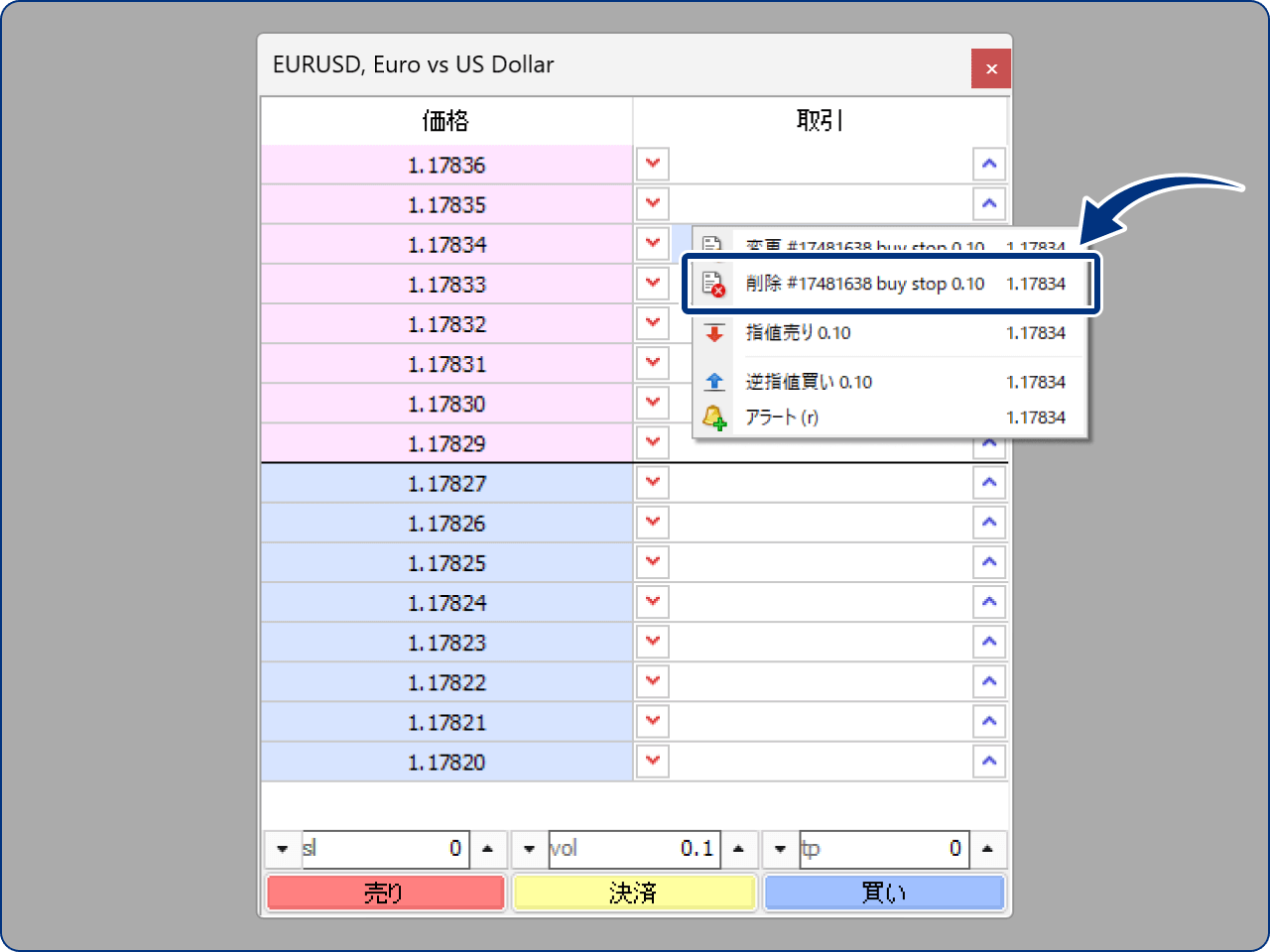または、注文上で右クリックし、メニューより「削除」をクリックします。