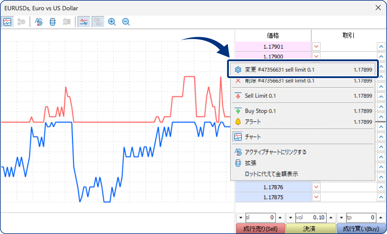 または、注文上で右クリックし、メニューより「変更」をクリックします。