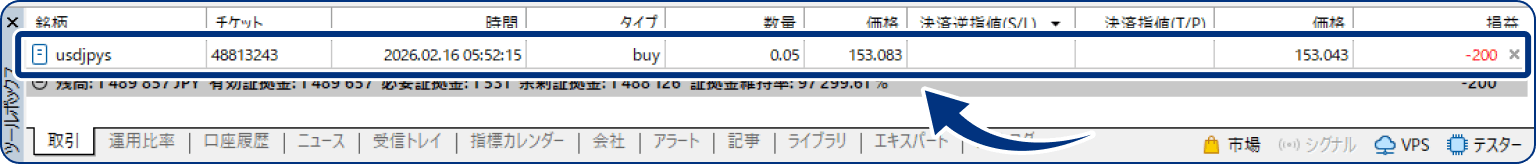 ツールボックスの「取引」にて、未決済のポジションの内容が反映されます。