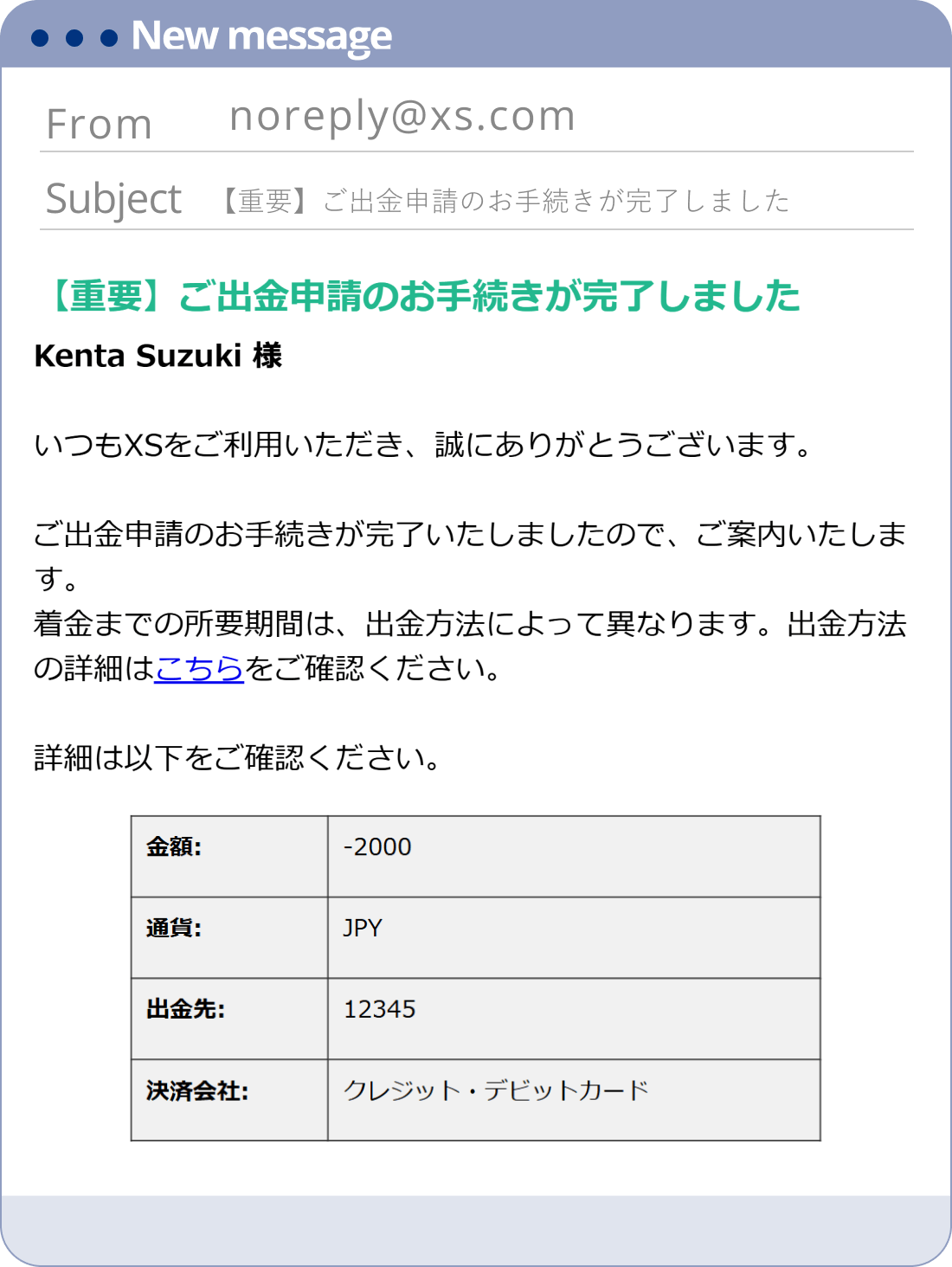XS.comでの出金処理の完了のメール